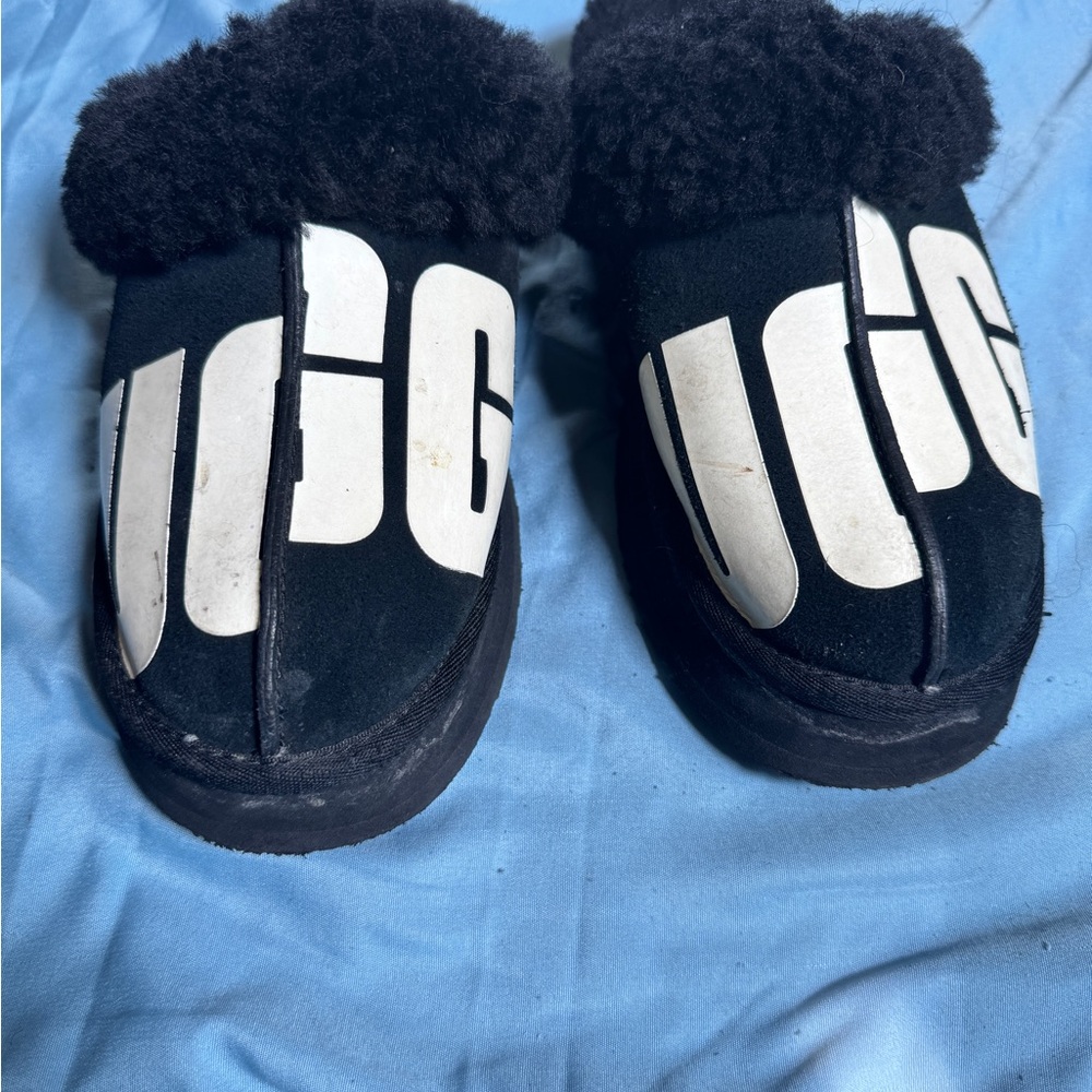 UGG Black and White Fuzzy Slippers